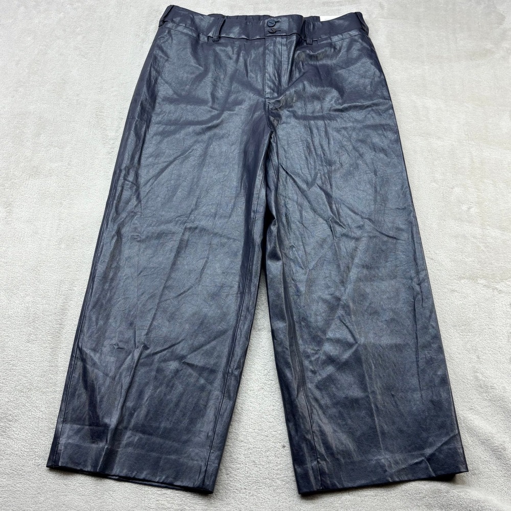 Chico's Faux Leather Wide Leg Pants Women 2R 12 Navy Metallic Edgy Chic Cropped